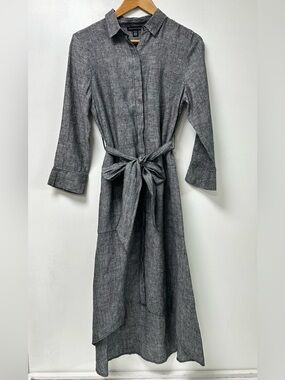 Saks Fifth Avenue 100% Linen Gray Maxi Shirt Dress with Tie Waist Size S